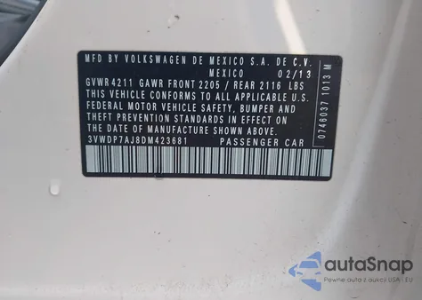 2013 Volkswagen Jetta 2.5L Se z USA, uszkodzony, nr VIN 3VWDP7AJ8DM423681